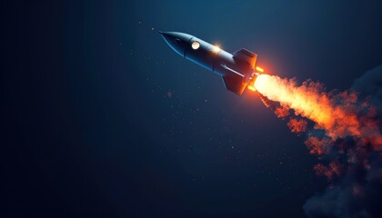 Fototapeta premium rocket flies towards outer space with a trail of fire and smoke