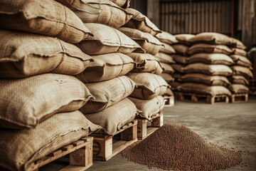 Canvas bags with coffee grains on pallets in the big warehouse