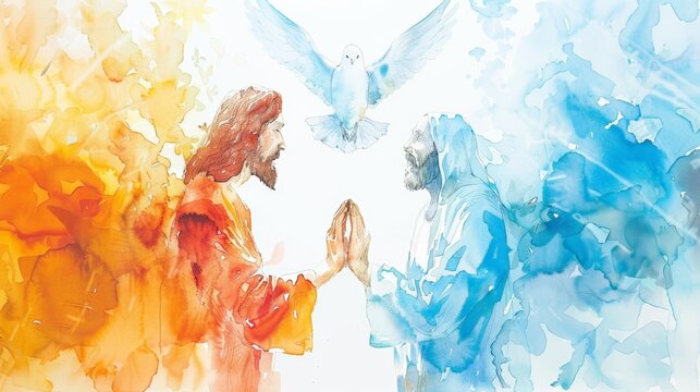 A watercolor painting of a biblical scene with Jesus, another figure, and a dove