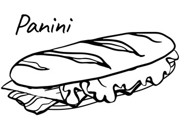 panini or sandwich sketch doodle Vector outline illustration with bacon, lettuce, cheese. Hand drawing Restaurant business concept for poster, flyer, card, menu, banner, coloring book.