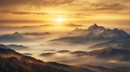 Obraz premium image of golden sunrise illuminating the misty mountains. The soft gradients and ethereal atmosphere can inspire breathtaking digital art pieces. Ai generative 