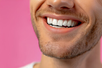 Fototapeta premium Close up white masculine teeth, healthy man smile mouth. Dental clinic patient, teeth whitening illustration, healthy gums banner, stomatology ad concept, space for your text.