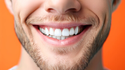 Fototapeta premium Close up white masculine teeth, healthy man smile mouth. Dental clinic patient, teeth whitening illustration, healthy gums banner, stomatology ad concept, space for your text.