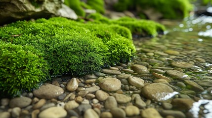 A background of moss growing over pebbles near a stream, the scene wet and alive, evoking the spirit of adventure in natural settings.