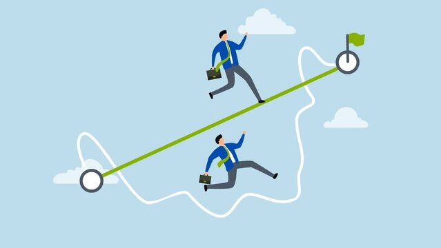 4k animation of  businessman compete with the wise man who runs the straight easy road and others on the difficult confusing road.