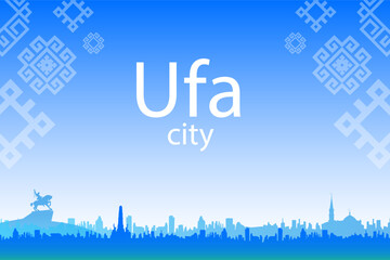 WebRussia, Ufa City skyline, architecture, buildings, attractions, streets, silhouette, landscape, panorama, landmarks. National Bashkir pattern. Vector illustration concept for poster, card, banner. 