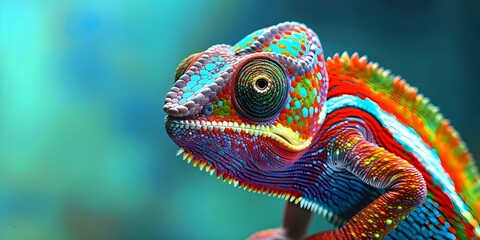 Obraz premium Colorful chameleon against turquoise background making direct eye contact with camera. Concept Wildlife Photography, Chameleon Portraits, Vibrant Colors, Eye Contact Shots, Reptile Close-Ups