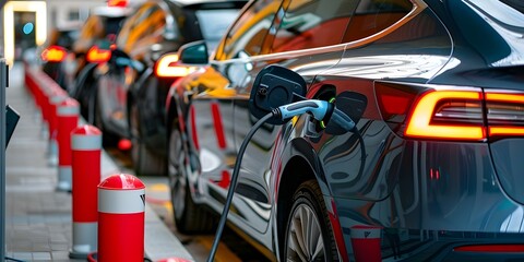 Electric vehicle charging at station in urban area with power cable plugged. Concept Electric Vehicles, Charging Stations, Urban Environment, Sustainability, Green Technology