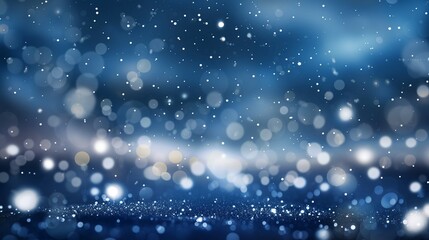Fototapeta premium A bokeh effect simulating a starry night with white and blue orbs scattered over a dark blue sky, ideal for cosmic or space-themed projects.