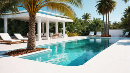 Fototapeta premium Poolside Paradise Banner: Immerse Yourself in a Poolside Paradise with a Breathtaking View of a Palm Tree and White Structure, Generative AI