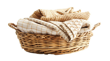 Obraz premium woven basket filled with kitchen linens such as tea towels and oven mitts, adding texture and functionality to the kitchen decor, isolated on a white background.
