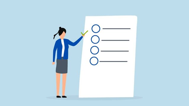 Self assessment, 4k animation of  woman gives list of checkbox achievements on notebook paper.