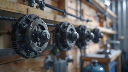 A series of metal gears are hanging from the ceiling