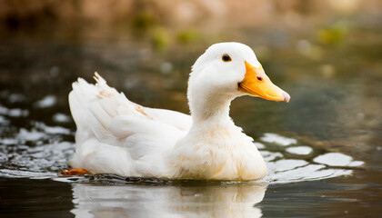 White duck swimming in water. Bird in pond or lake. Beauty nature. Farm, domestic animals