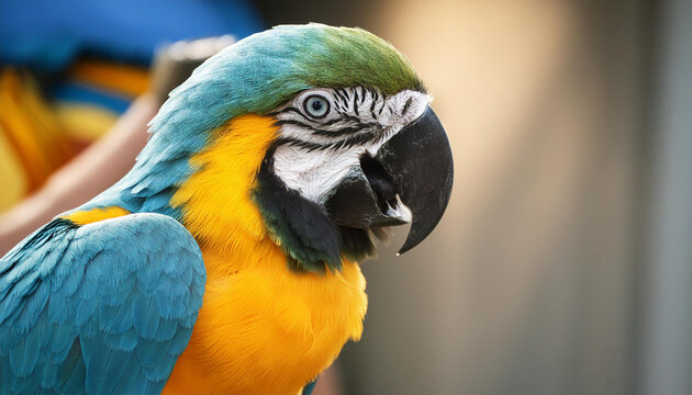 Large blue yellow macaw parrot or ara arauna close up portrait. Tropical bird, domestic home pet.
