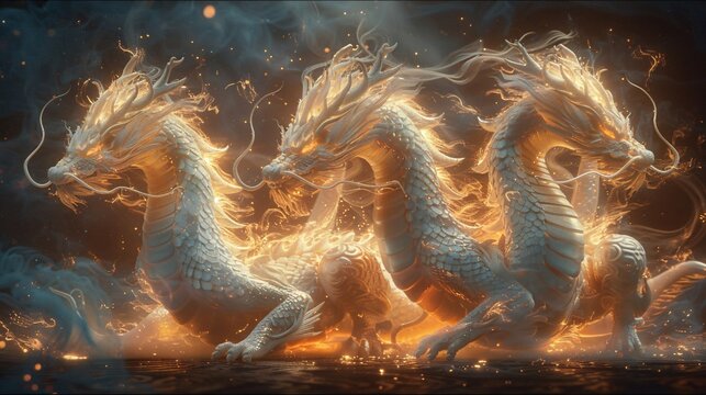 Three dragons with white scales and gold hair, glowing in an ethereal light, rendered as digital art with intricate details. The dragon's body is made of swirling flames that create mesmerizing