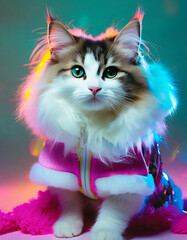 Cool fluffy cat in studio neon lights wearing t-shirt. Stylish animal. Puppy portrait, cute home pet