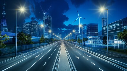 A city street lit by high-efficiency LED streetlights powered by integrated solar panels and wind turbines, emphasizing energy autonomy.