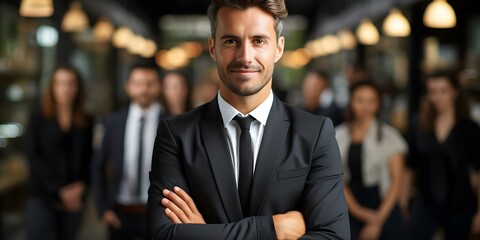 Fototapeta premium Confident young businessman with team in background exuding corporate professionalism and success. Concept Corporate Team Photoshoot, Professional Business Portraits, Confidence in Business