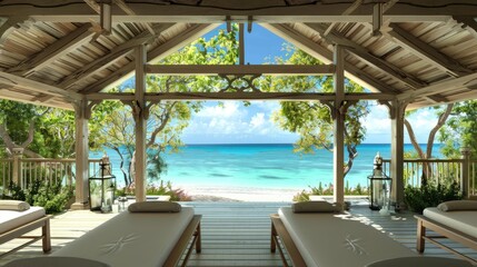 Fototapeta premium Relaxing beachfront spa with massage tables overlooking the ocean, framed by a rustic wooden cabana, surrounded by lush greenery.