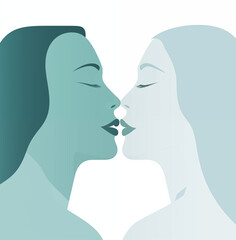 lesbian, two women in love, kiss,  vintage style, LGBTQ, rainbow, pride month