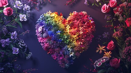 An LGBT heart with a rainbow outline surrounded by beautiful flowers, ideal for a Valentine's Day card