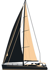 High-quality line drawing vector sailboat. Black, white, and color illustration.	