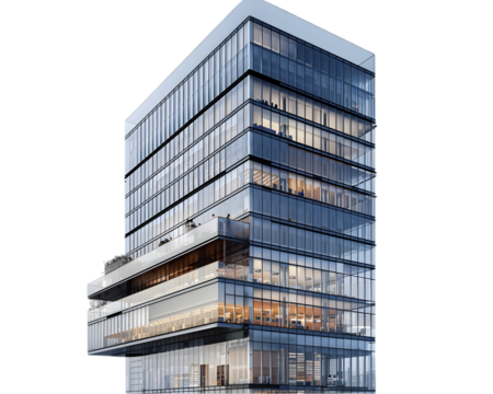Modern glass building tower on transparent background