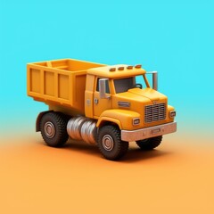 Stylized 3D dump truck or lorry parking at an orange background while carrying the material for construction project. Construction and transportation concept. Logistic and delivery process. AIG35.