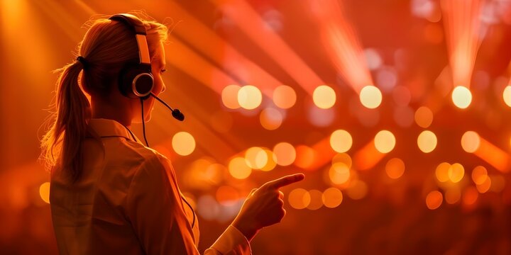 Woman event manager with headset pointing at live concert copy space available. Concept Woman Event Manager, Live Concert, Headset, Copy Space, Pointing