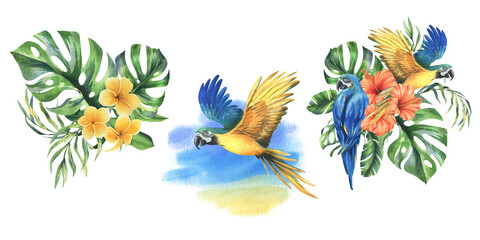 Fototapeta premium Tropical palm leaves, monstera and flowers of plumeria, hibiscus, bright juicy with blue-yellow macaw parrot. Hand drawn watercolor botanical illustration. Set of elements isolated from background