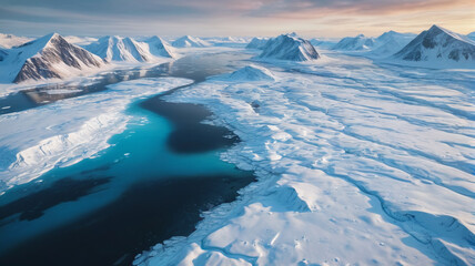 Frozen Majesty: Majestic Aerial Shot of Arctic Snowscape, Icy Wilderness, Generative AI