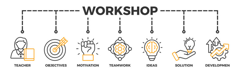 Workshop banner web icon vector illustration concept with icon of teacher, objectives, motivation, teamwork, ideas, solution, and development