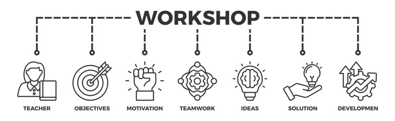 Workshop banner web icon vector illustration concept with icon of teacher, objectives, motivation, teamwork, ideas, solution, and development