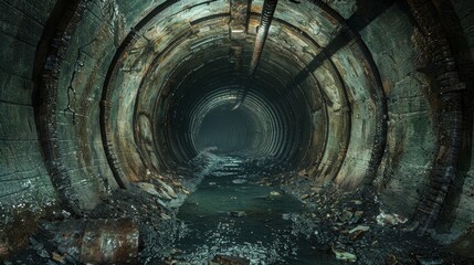 A dark tunnel with water running through it