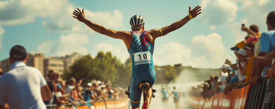 Cyclist celebrating win at triathlon event