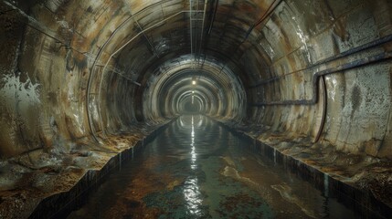A dark tunnel with water running through it