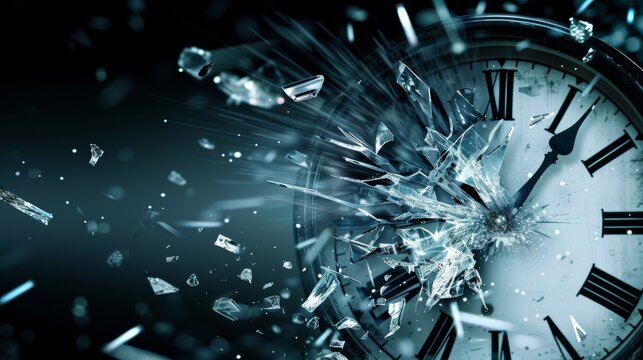Shattered Clock Face With Flying Glass Fragments
