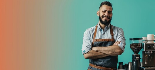 Confident barista standing with crossed arms next to coffee machine, wearing apron. Coffee shop owner small business concept.