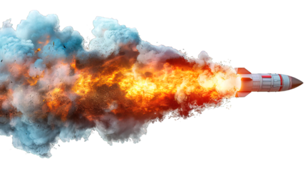 rocket missile launched isolated on transparent background ,missile with fire trail ,generative ai