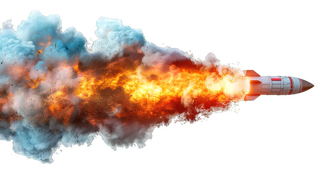 rocket missile launched isolated on transparent background ,missile with fire trail ,generative ai