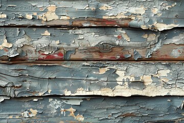 Weathered paint on wood, wide shot, peeling layers for a rustic vintage wallpaper