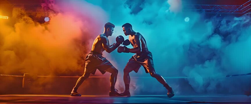 A bout between two youthful professional boxers is taking place on stage.