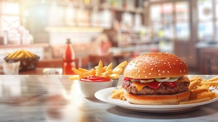 Cheeseburger, ketchup and French fries on white plate on restaurant counter. Hamburger or burger...