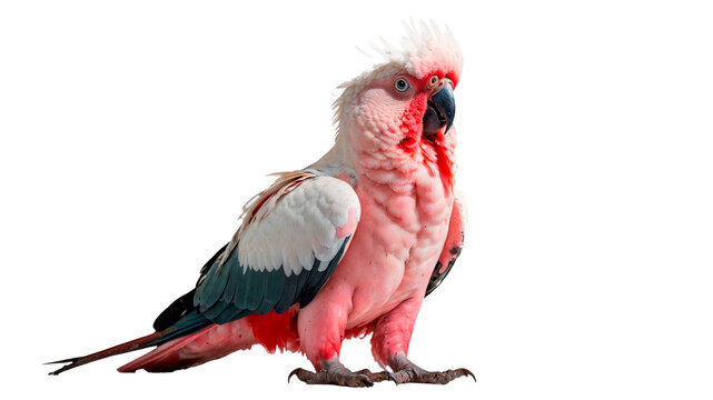 A pink and white Galak parrot is standing on a transparent background