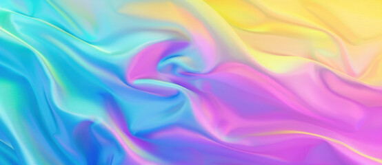 Obraz premium Flowing holographic fabric on vibrant gradient background, shimmering with metallic sheen and reflecting pastel hues. Modern, trendy design adds brightness and style