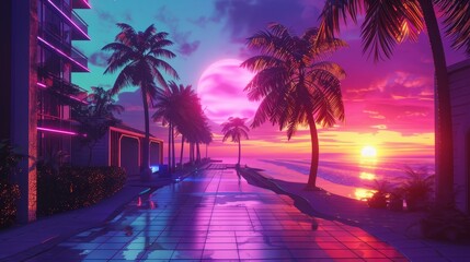 a sunset scene with palm trees and a neon sign