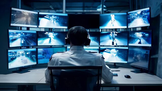slow motion video of Security personnel monitoring public spaces on multiple surveillance screens