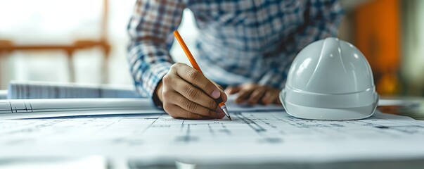 Architect reviewing construction blueprint at desk