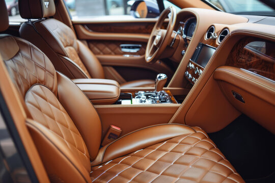 Brown leather interior of a luxury car with quilted seats close up
